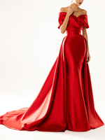 Robe de soirée robe de bal décolleté conçu avec traîne demi-manches fermeture éclair plissé tissu satiné robes de soirée formelles