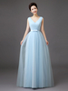 Robe de soirée robe de cérémonie femme bleu laçage sur dos col V jupe plissée au sol