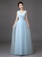 Robe de soirée robe de cérémonie femme bleu laçage sur dos col V jupe plissée au sol
