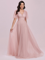 Robe de soirée rose A-ligne col en V manches courtes dos nu en tulle robe de soirée longueur au sol