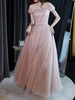Robe de soirée rose A-Line Col Bateau sans manches Dace-Up Bows Longueur de Plancher Longueur Formel Formel Robes