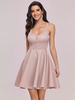 Robe de soirée rose courte une ligne col en V sans manches fermeture éclair dos nu en polyester mini robe de soirée