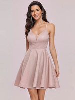 Robe de soirée rose courte une ligne col en V sans manches fermeture éclair dos nu en polyester mini robe de soirée