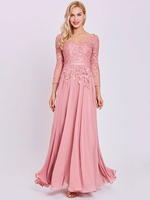 Robe de soirée rose pour mère de la mariée col en v manches longues a-ligne dentelle mousseline de soie longues robes dinvité de mariage