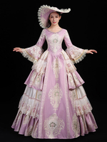 Robe De Soirée Rose Rétro Costumes Femmes Imprimé Fleuri Dentelle Volants Polyester Tunique Chapeau Robe Marie Antoinette Déguisement Euro-style Fête Robe De Bal