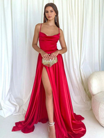 Robe de soirée rouge à bretelles et col sans manches robe semi-formelle à fente haute