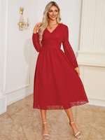 Robe de soirée rouge à col en V et manches longues robe semi-formelle