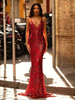 Robe de soirée rouge à paillettes style sirène col en V avec traîne robes de soirée