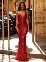 Robe de soirée rouge à paillettes style sirène col en V avec traîne robes de soirée