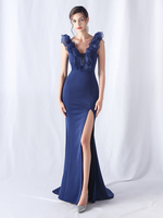 Robe de soirée rouge col en V volants sans manches fente haute robe semi-formelle