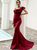Robe de soirée sirène bordeaux une épaule avec train sans manches dos nu en satin tissu robes de soirée sociales