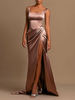 Robe de soirée sirène col carré avec traîne sans manches dos nu plissée en Satin tissé élastique robes de soirée formelles