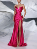 Robe de soirée sirène col en cœur avec traîne sans manches fermeture éclair fendue sur le devant en tissu satiné robes de soirée sociale