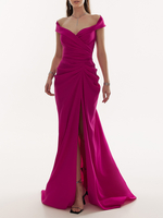 Robe de soirée sirène col en v avec fermeture éclair fente sur le devant tissu satiné robes de soirée sociale