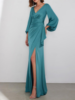 Robe de soirée sirène col en v longueur au sol manches longues fermeture éclair tissu satiné plissé robes de concours sociaux