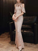 Robe de soirée sirène col haut pailleté longue au sol paillettes longues robes de dîner formelles