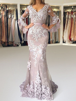 Robe de soirée sirène en satin col en V manches longues à zip Robe de soirée