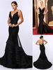 Robe de soirée sirène en tulle noir multicouche à col V