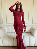 Robe de soirée sirène froncée à col bijou et manches longues pour anniversaire robe longue moulante sexy pour femmes 2025