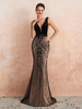 Robe de soirée sirène noir en dentelle col V plongeant à traîne robe de cérémonie