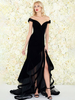 Robe de soirée sirène épaules dénudées en velours volants robes de soirée fendues formelles robes de potins