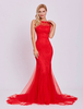 Robe de soirée sirène rouge en tulle col rond décolleté à traîne