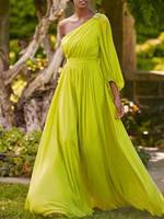 Robe de soirée trapèze asymétrique épaule dénudée longueur au sol manches longues dos nu plissée en mousseline de soie robes de soirée formelles