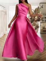 Robe de soirée trapèze asymétrique épaule dénudée tissu satiné longueur au sol robes de dîner formelles plissées