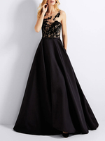 Robe de soirée trapèze col bijou tissu satiné dentelle robes de soirée sociale
