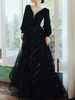 Robe de soirée trapèze col en V longueur au sol manches longues dentelle robes de soirée formelles