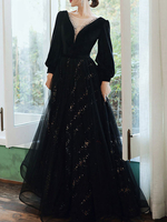 Robe de soirée trapèze col en V longueur au sol manches longues dentelle robes de soirée formelles