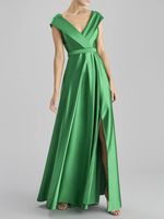 Robe de soirée trapèze col en v longueur au sol sans manches fermeture éclair ceinture tissu satiné robes de soirée formelles