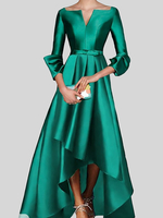Robe de soirée trapèze col en v manches 3/4 fermeture éclair tissu satiné plissé robes de concours sociaux