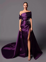 Robe de soirée trapèze épaules dénudées avec traîne sans manches à lacets en tissu satiné plissé robes de concours sociaux