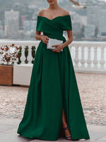 Robe de soirée trapèze épaules dénudées tissu satiné avec traîne plissée robes de dîner formelles