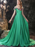 Robe de soirée une ligne col bijou avec train manches courtes fermeture éclair en mousseline de soie brodée robes de soirée formelles