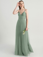 Robe de soirée vert avocat sans manches A-ligne col en V satiné mat longueur au sol robes de soirée sociale plissées