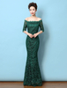 Robe de soirée vert foncé en dentelle col bateau longueur au sol robe cérémonie