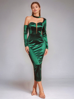 Robe de soirée verte à col ornementé et manches longues robe semi-formelle transparente