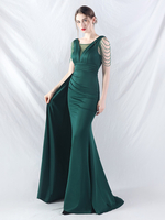 Robe de soirée verte à paillettes col en V sans manches fente haute robe semi-formelle