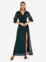 Robe De Soirée Verte Col En V Fendue Manches 3/4 Robe Semi-Formelle