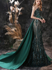 Robe de soirée verte foncé en dentelle à une épaule paillete à zip latéral à traîne robe de cérémonie