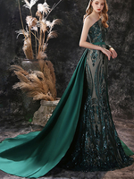 Robe de soirée verte foncé en dentelle à une épaule paillete à zip latéral à traîne robe de cérémonie