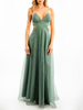 Robe de soirée verte une ligne col en V sans manches dos nu en tulle découpé longueur au sol robes de soirée sociale
