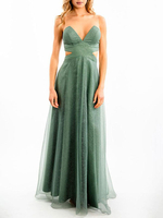 Robe de soirée verte une ligne col en V sans manches dos nu en tulle découpé longueur au sol robes de soirée sociale