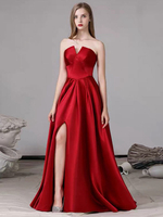 Robe de soiree Une Ligne Bretelles Satin Tissu Etage Longueur Avant Split Social Pageant Robes
