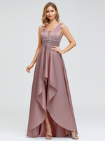 Robe de soiree Une Ligne V Cou Satin Tissu Etage Longueur Perlee Robe De Fete Formelle