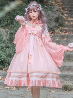 Robe de style chinois Lolita OP rose franges arcs à manches longues Polyester décontracté Lolita une pièce robe