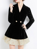 Robe de Velours Robe de Patineuse Courte Femme à Col V avec Manches Longues Coupe Cintrée Bas Evasée Bicolores