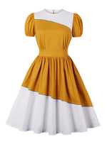 Robe de Vintage 1950 Courte Femme à Col Rond avec Manches Courtes Coupe Cintrée Bas Evasée Bicolores